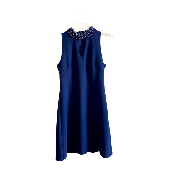 Navy Cocktail Dress with Jeweled Neck - Picture 3 of 14